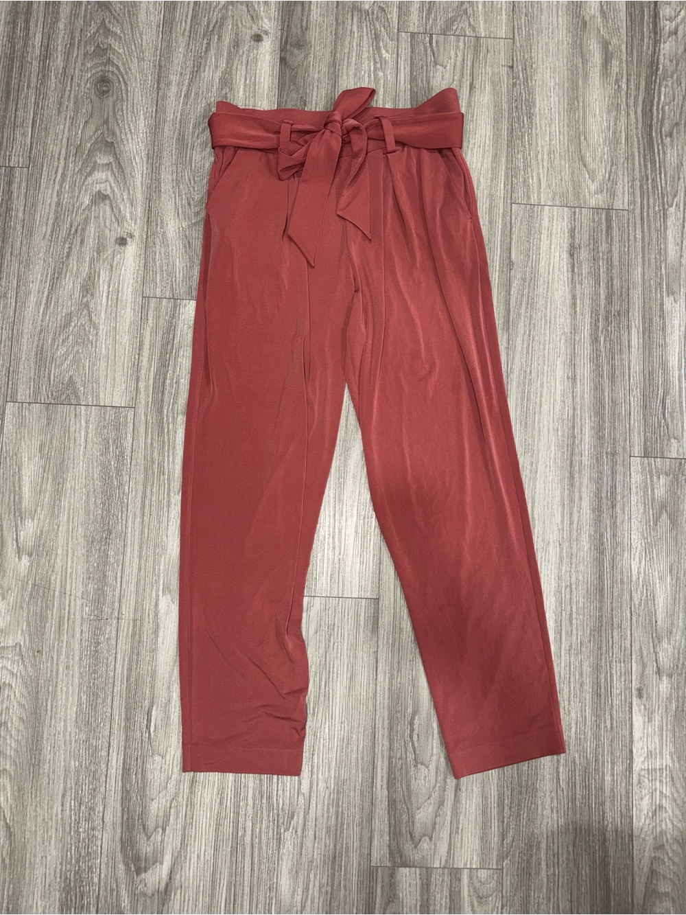 Express Tie-Waist Paperbag Pants in Rust Red